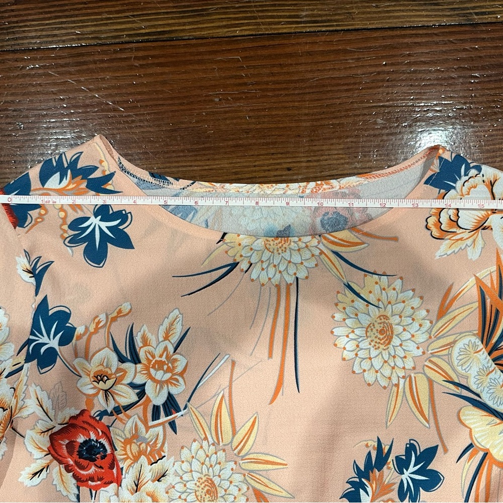 Peach with blue and red flowers Ruffled Tie Front Sundress - Picture 3 of 4